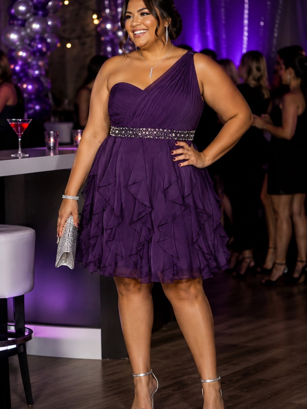 DB Studio Violet Beaded One Shoulder Cocktail Mini Dress EUC Size 14
